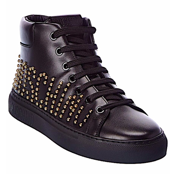 Moschino High Top logo studded leather sneaker in black